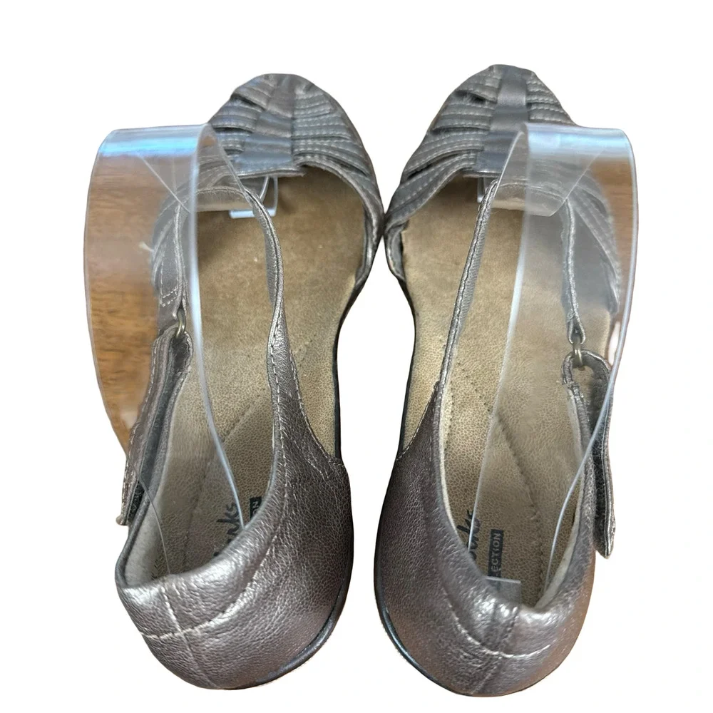 Clarks Wendy Suite Metallic Bronze Leather Ankle Strap Low Heels Shoes Sandals 9